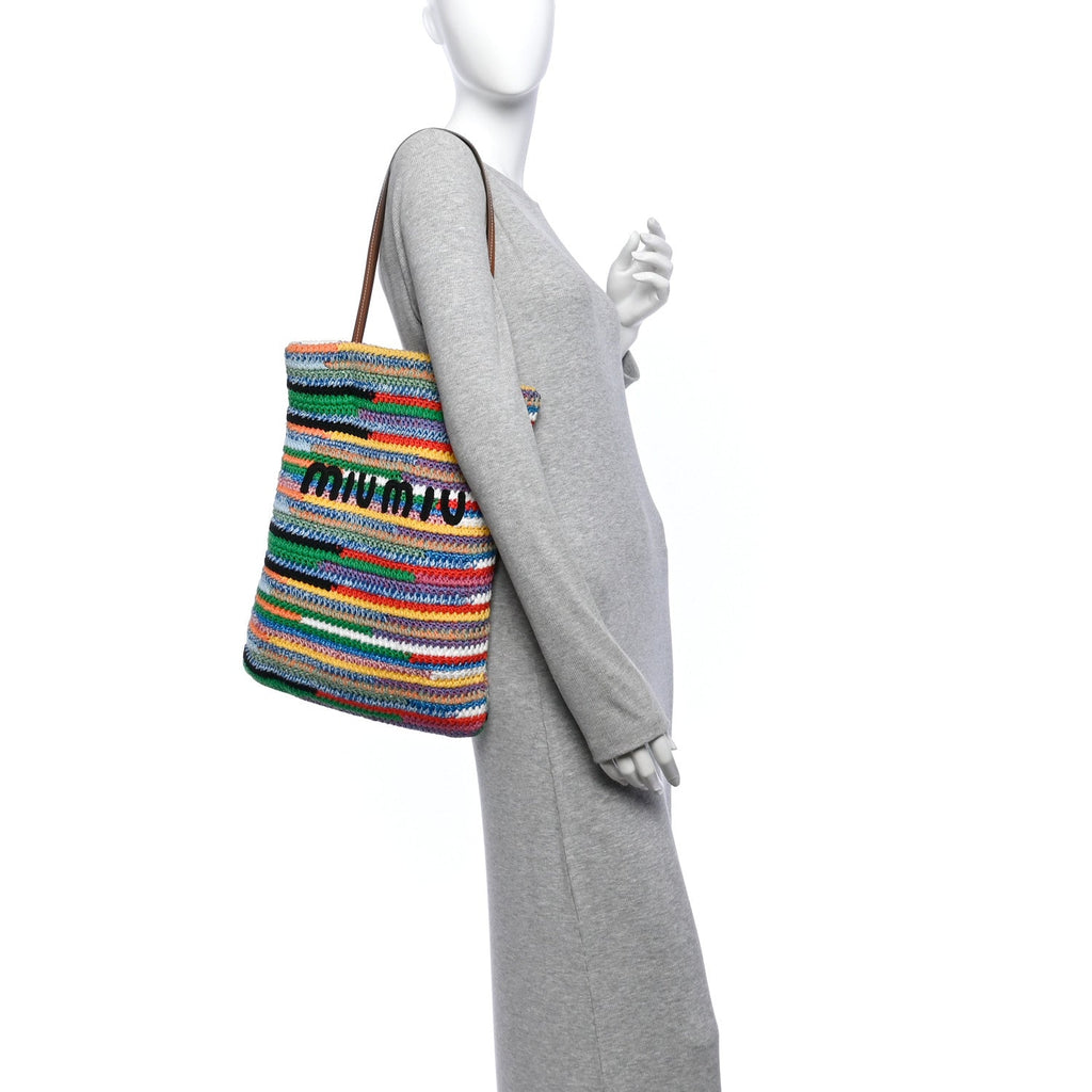 Cotton Crochet Stripe Vertical Tote Bag Multicolor