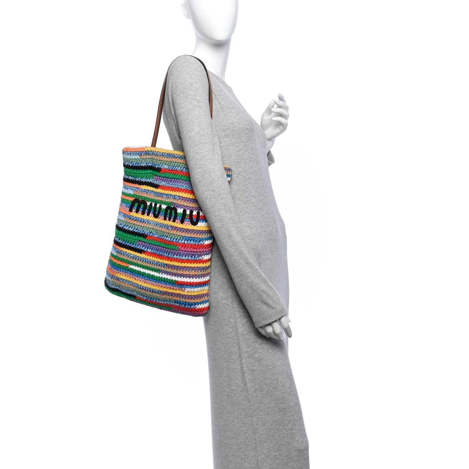 Cotton Crochet Stripe Vertical Tote Bag Multicolor