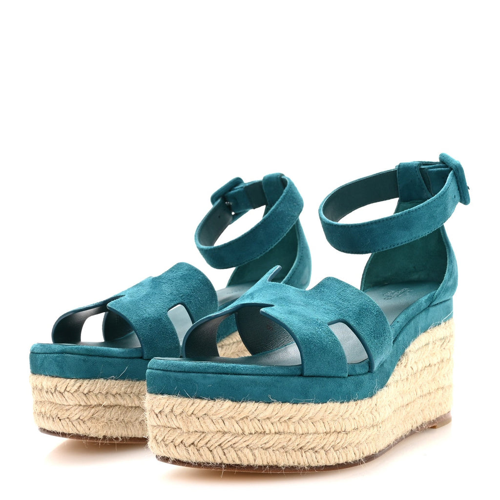 Suede Goatskin Elda Espadrille Wedge Sandals 36 Vert Oxford
