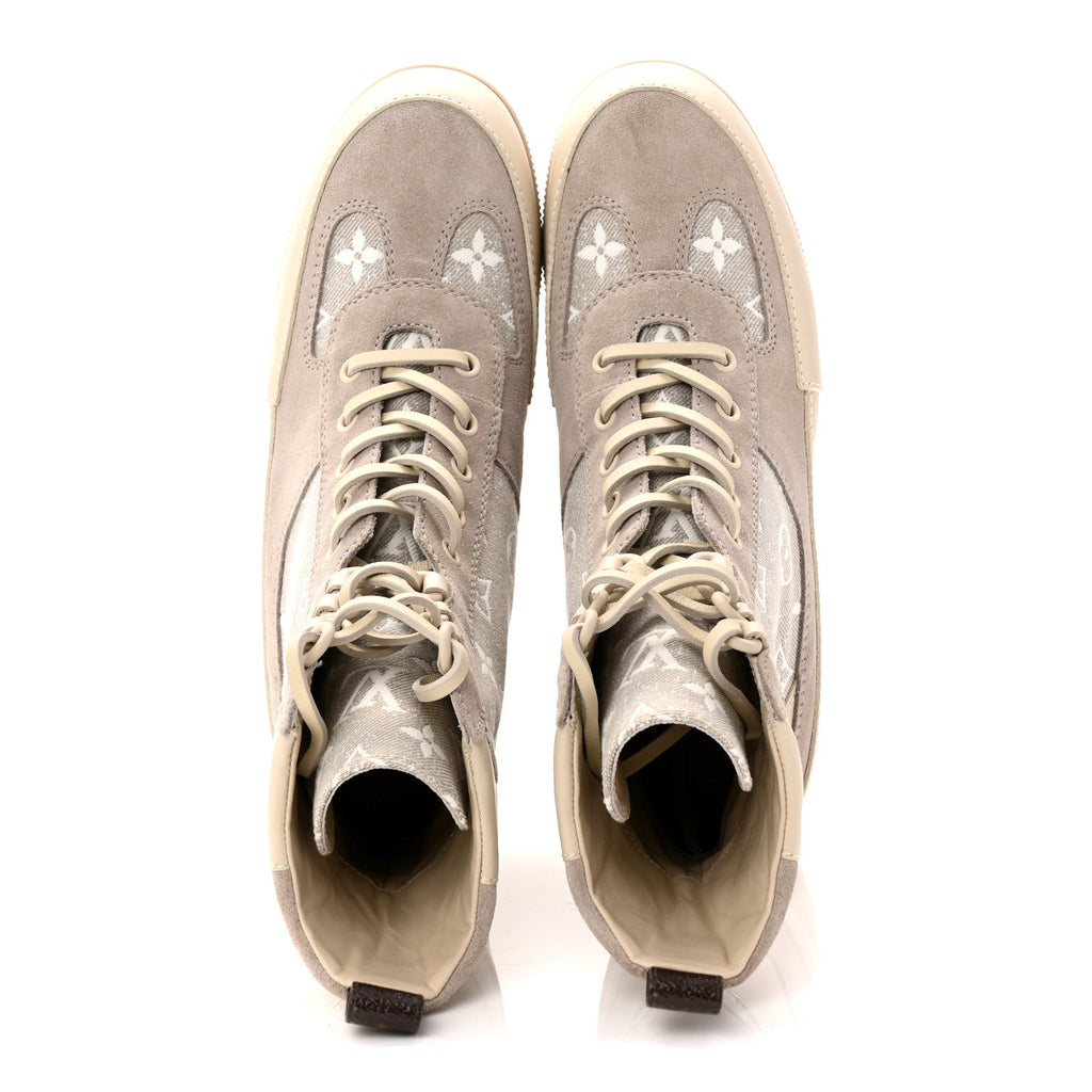 Suede Calfskin Monogram Denim Laureate Platform Desert Boots 38.5 Taupe