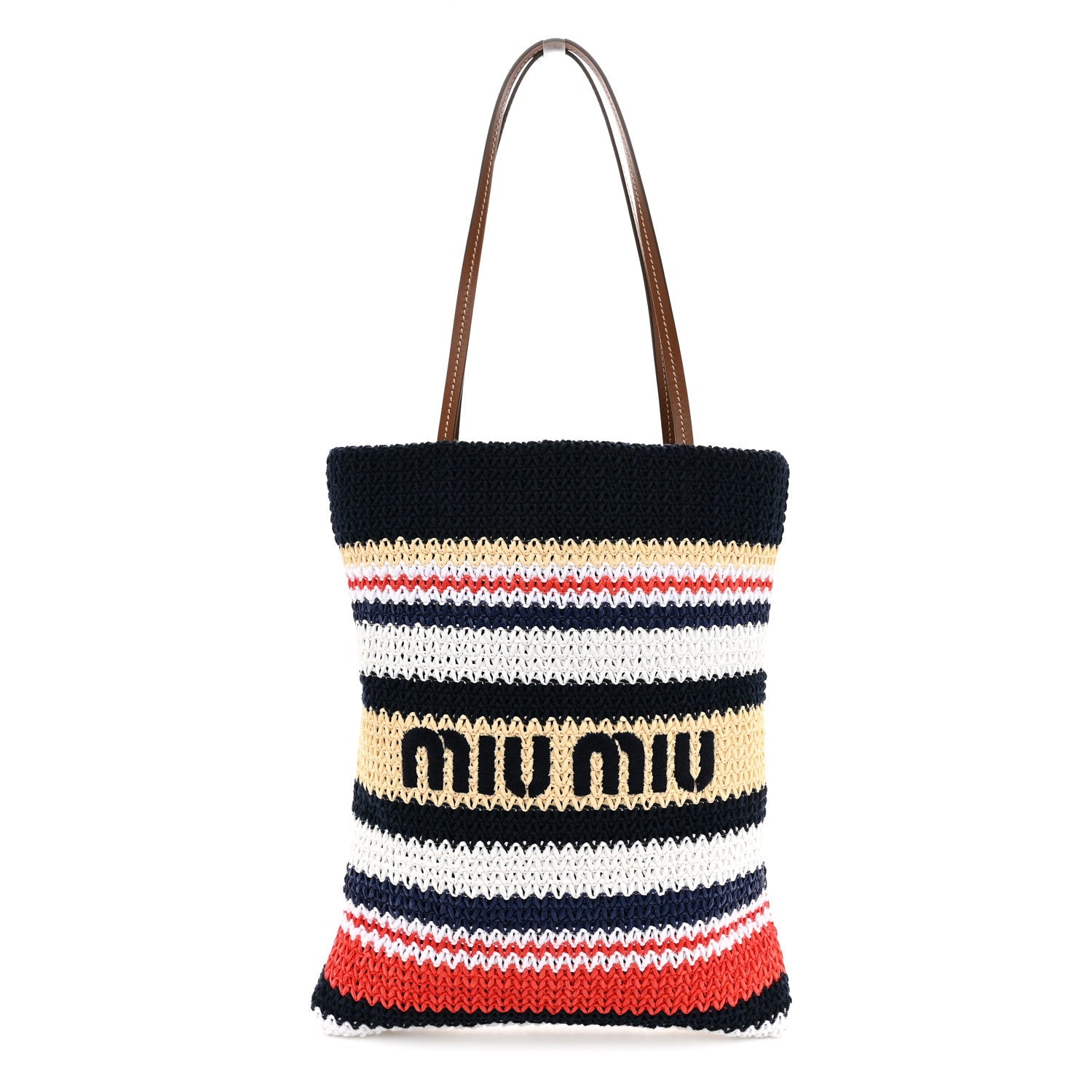 Raffia Crochet Stripe Vertical Tote Bag  Blue Red Natural