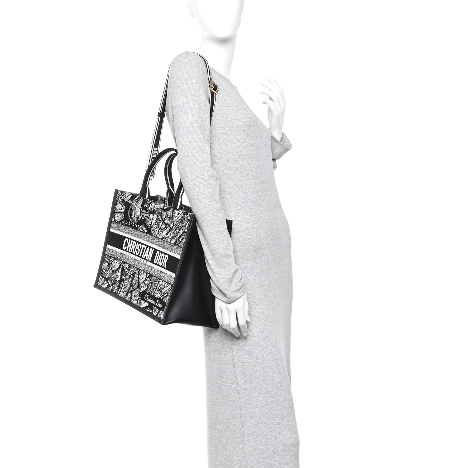 Calfskin Canvas Medium Plan De Paris Book Tote With Strap Black White