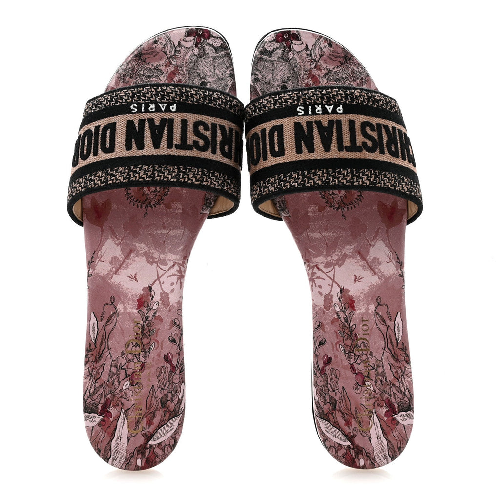 Canvas Rose Mutabilis Embroidered Dway Flat Slide Sandals 39 Fard Black