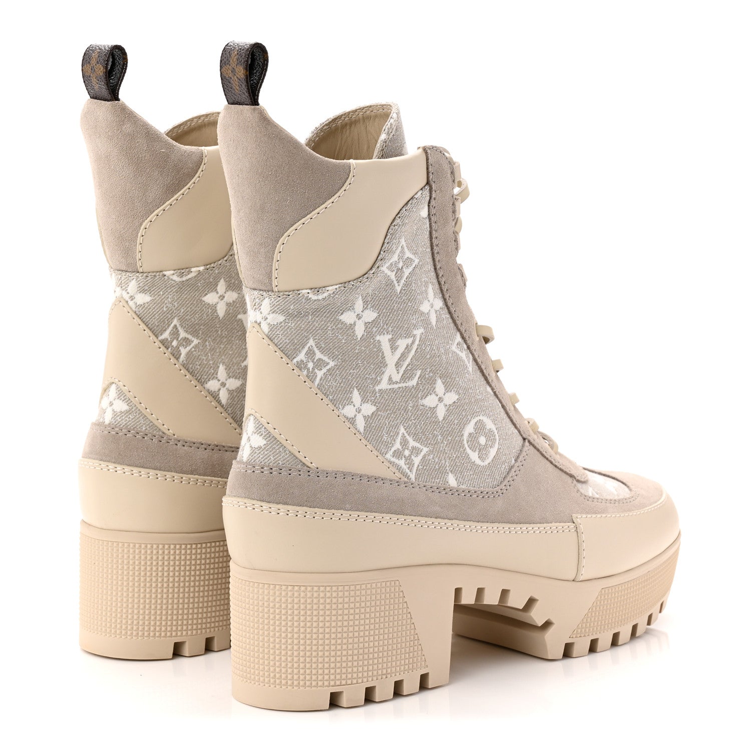 Suede Calfskin Monogram Denim Laureate Platform Desert Boots 38.5 Taupe
