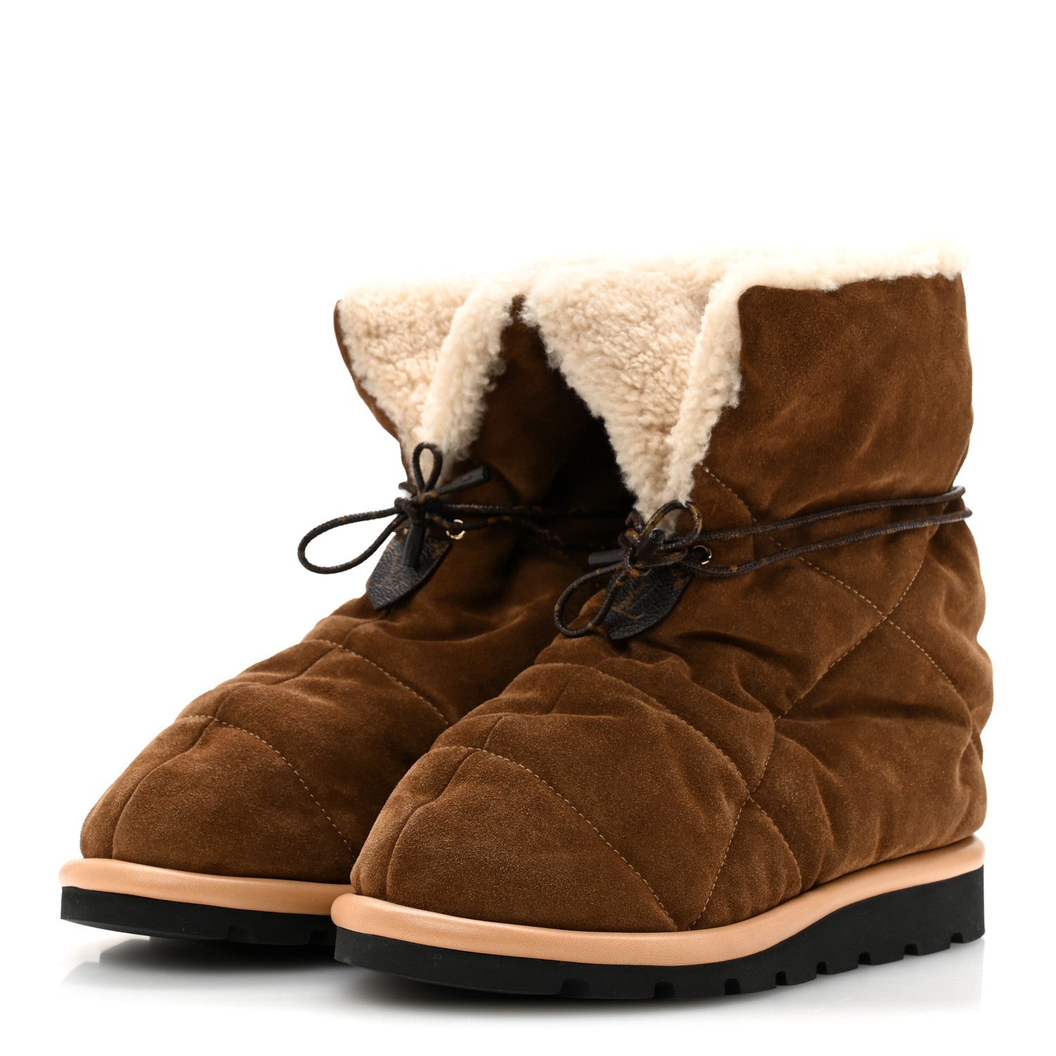 Suede Shearling Quilted Flat Ankle Boot 38 Beige