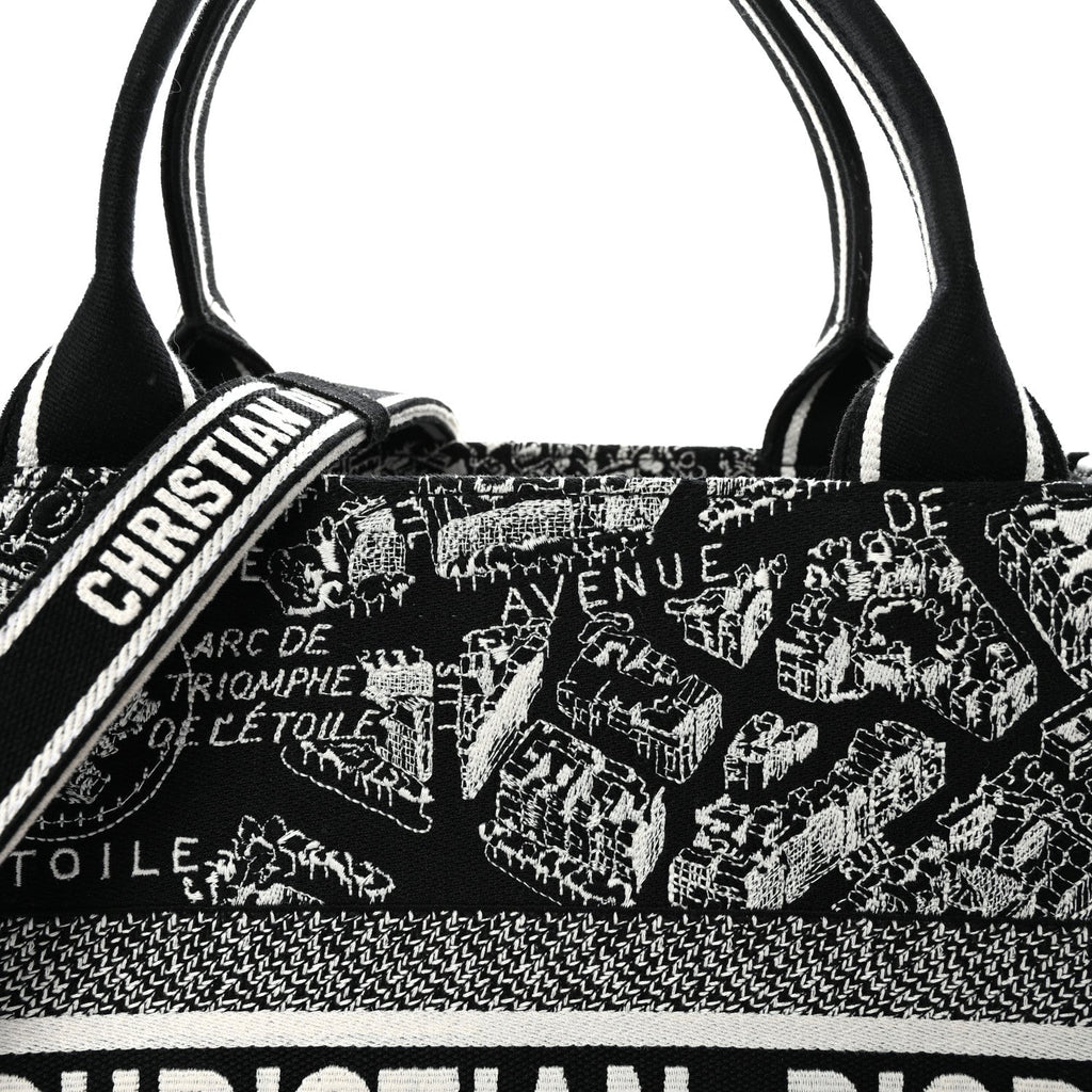 Calfskin Canvas Medium Plan De Paris Book Tote With Strap Black White