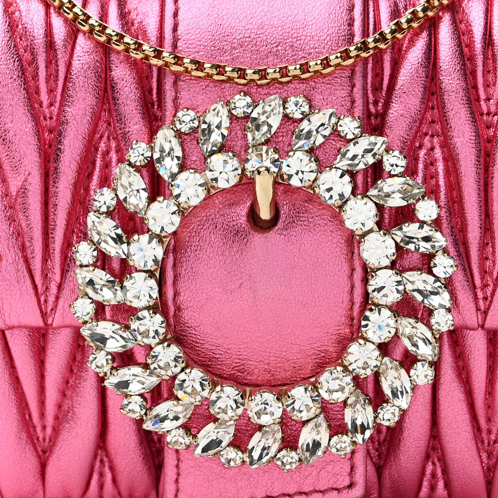 Metallic Nappa Matelasse Crystal Embellished Lady Crossbody Pink