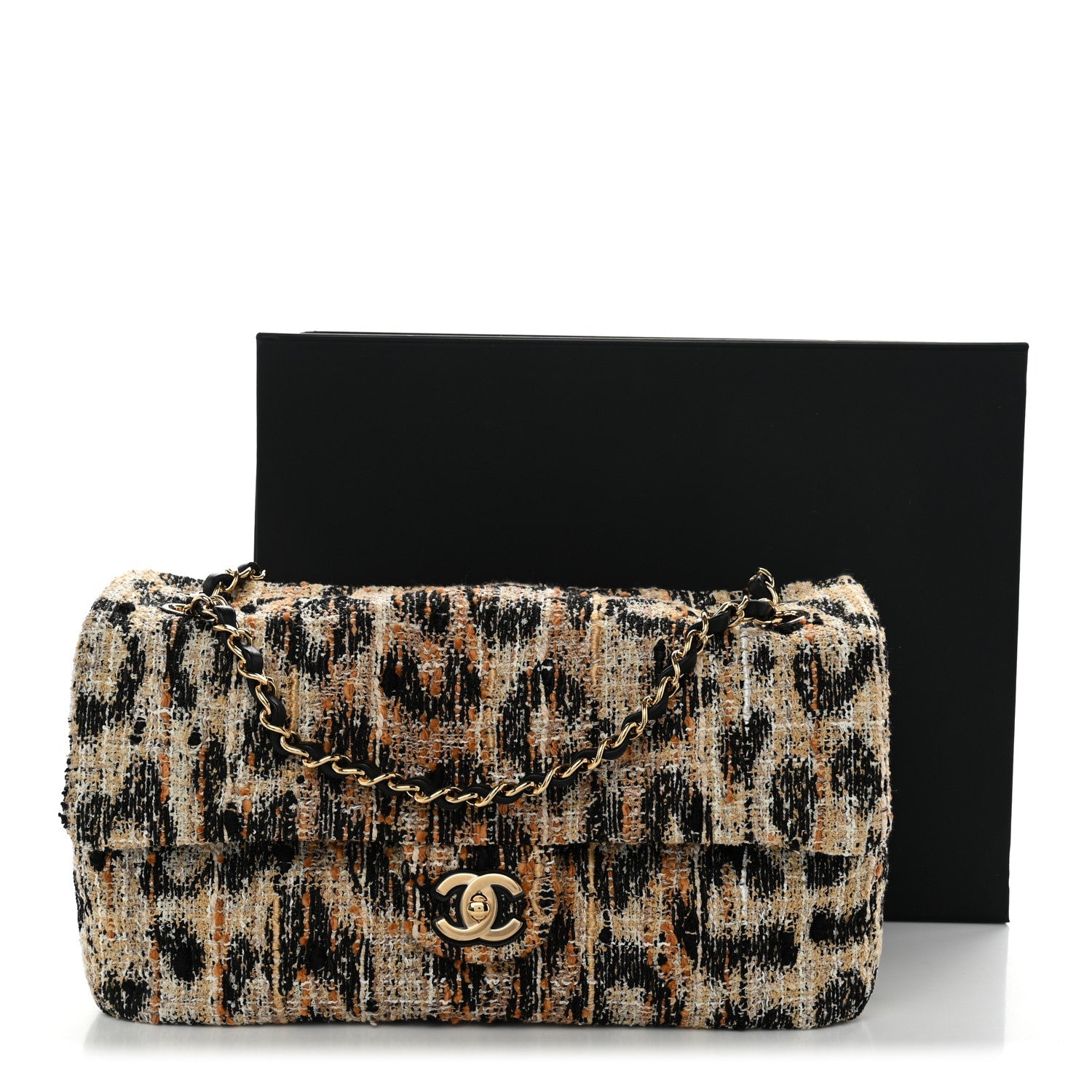 Tweed Mixed Fibers Leopard Print Small Souplissimo Maxi Flap Brown Black White