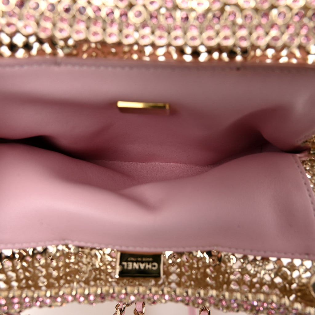 Crystal Embellished Metallic Lambskin Mini Chanel 22 Light Pink