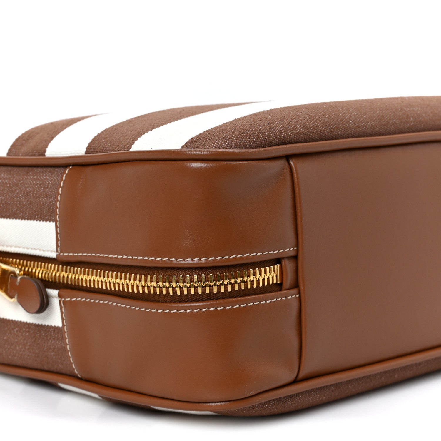 Canvas Calfskin Striped Large Beau Top Handle Bag Naturale Brandy