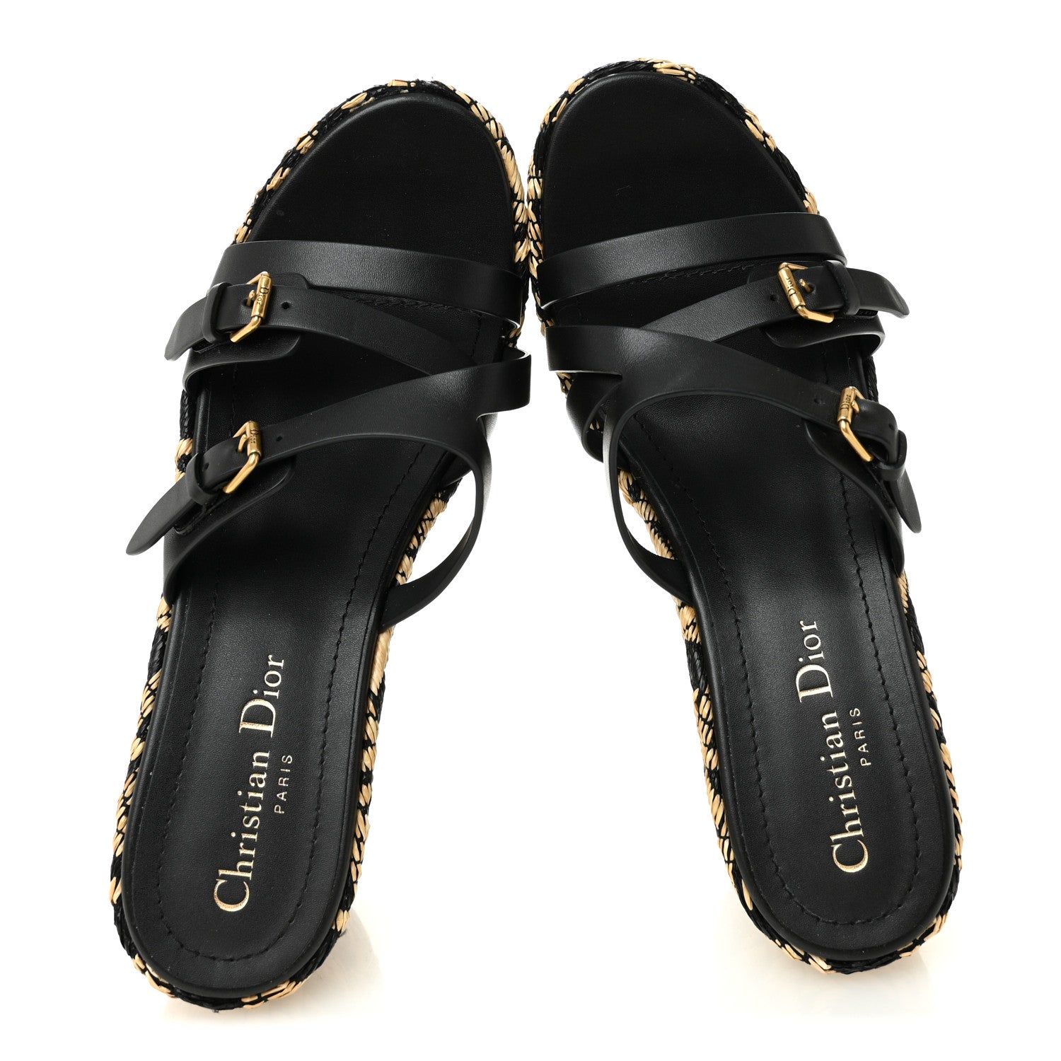 Raffia Calfskin L'Amazone Wedge Sandals 37 Black Natural