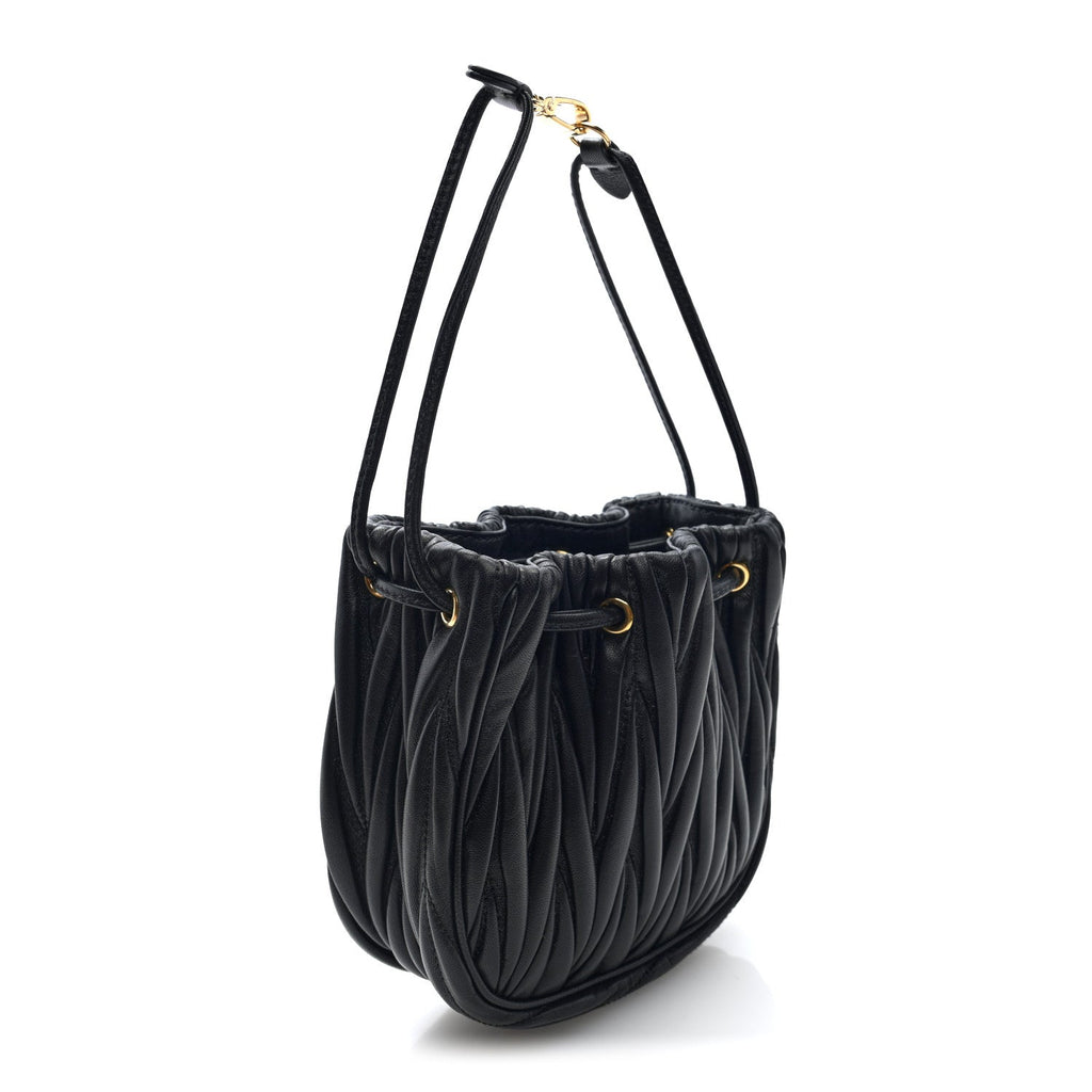 Nappa Matelasse Mini Drawstring Bucket Bag Black