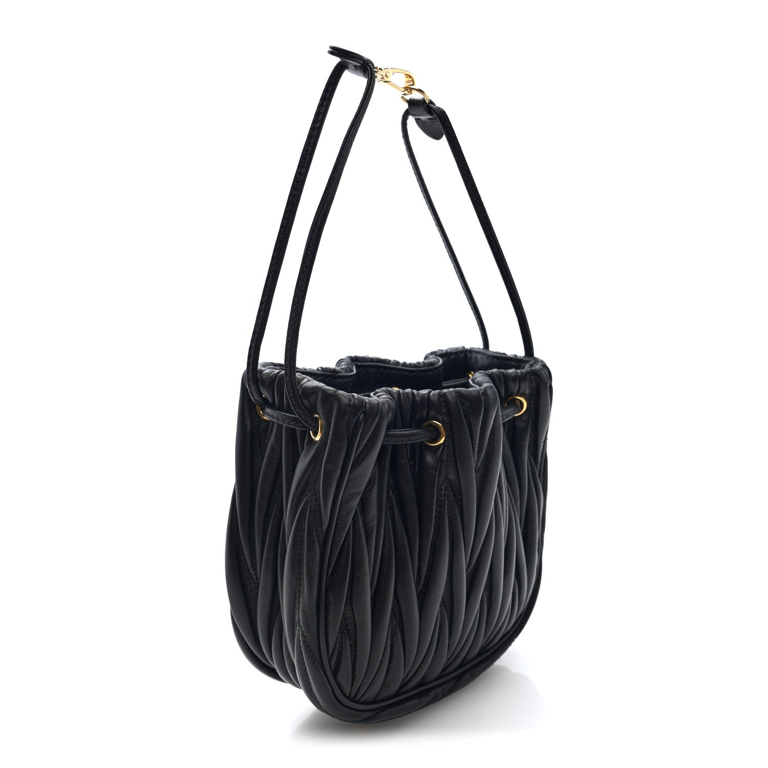 Nappa Matelasse Mini Drawstring Bucket Bag Black