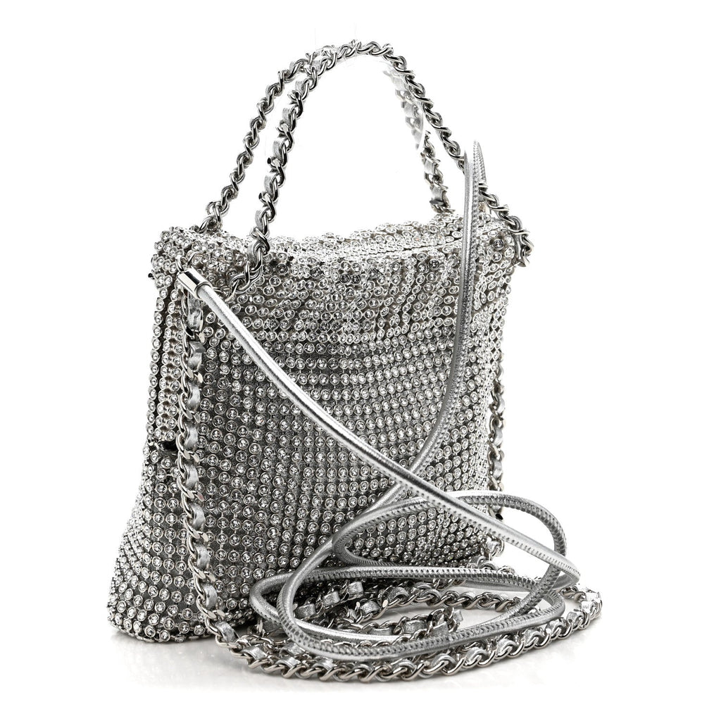 Crystal Embellished Metallic Lambskin Mini Chanel 22 Silver