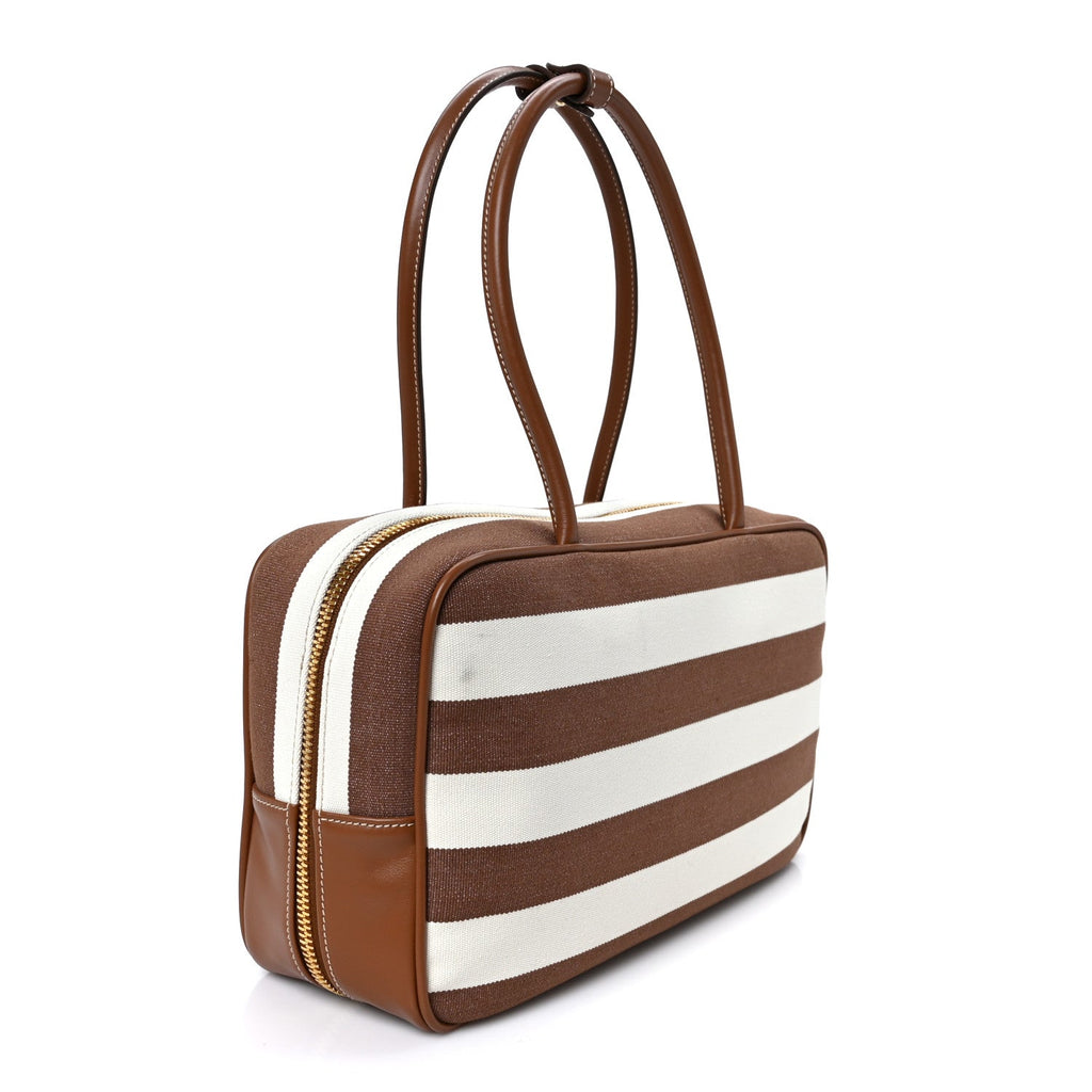 Canvas Calfskin Striped Large Beau Top Handle Bag Naturale Brandy