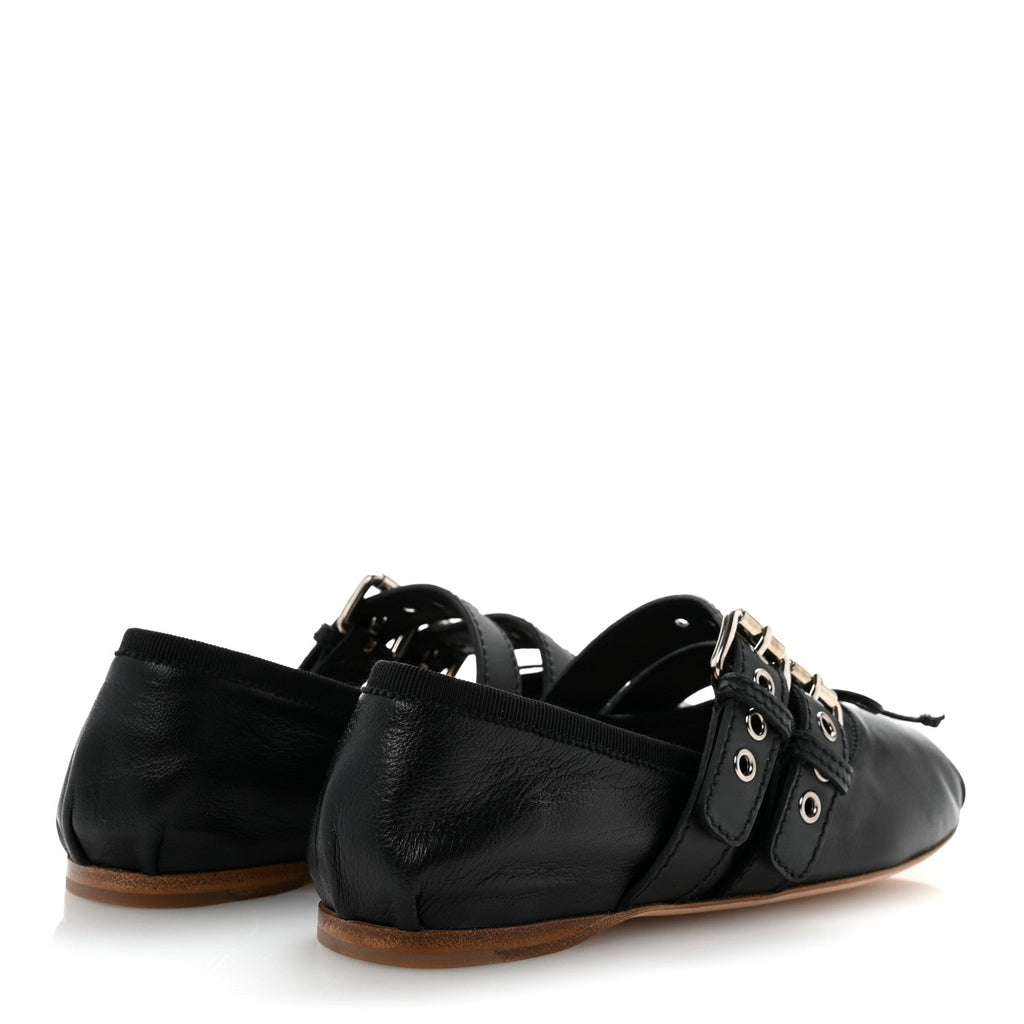 Nappa Vitello Nevada Double Buckle Ballerina Flats 36 Black