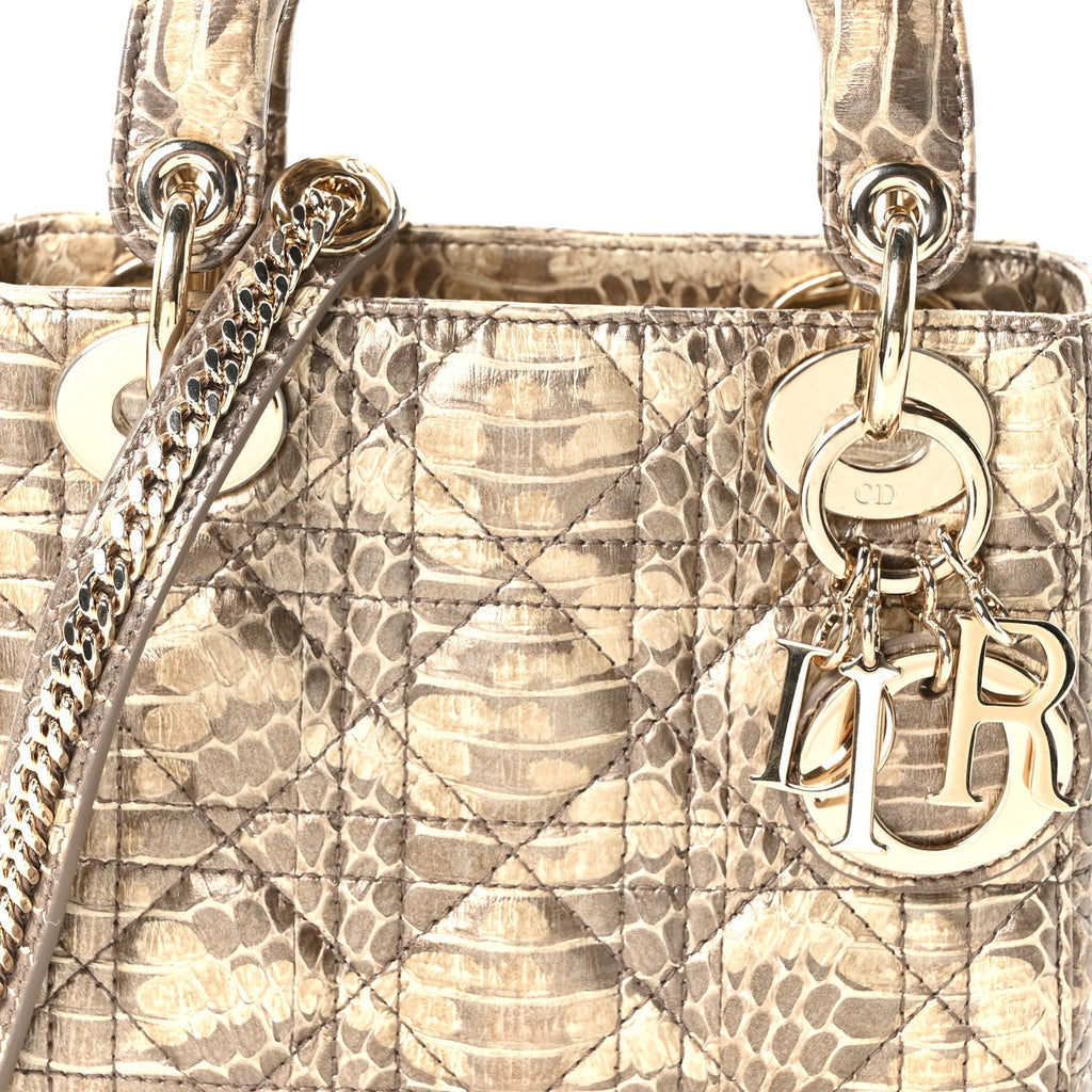 Metallic Snakeskin Cannage Mini Lady Dior Beige