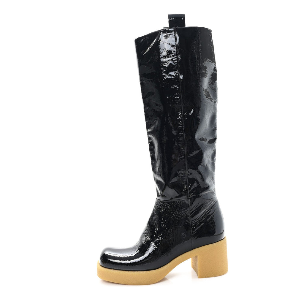 Crinkled Patent Calfskin Knee High Boots 37.5 Black