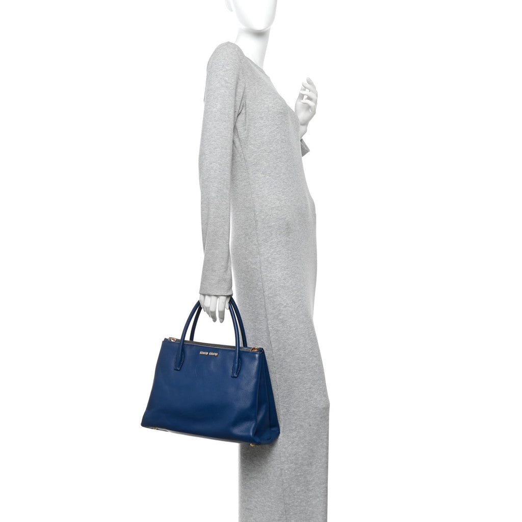 Goatskin Madras Top Handle Double Zip Tote Blue