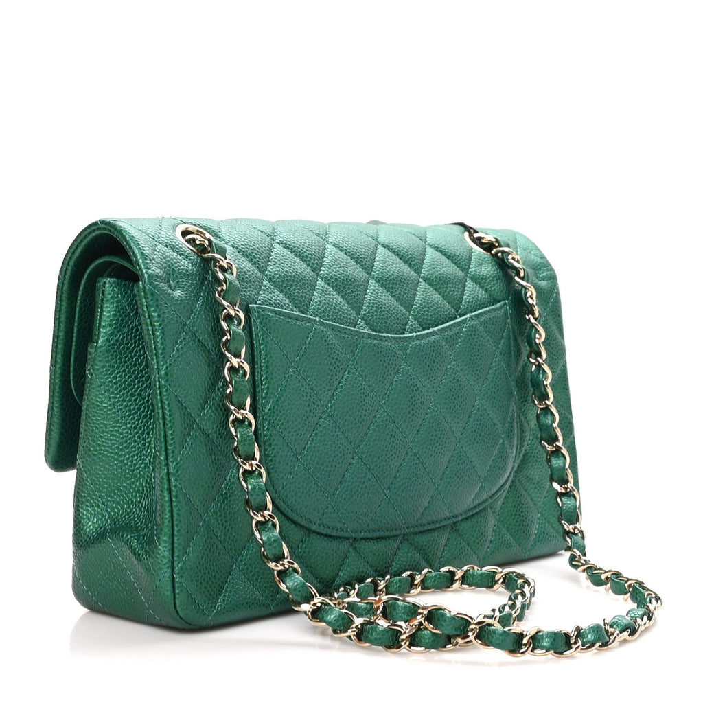 Metallic Caviar Quilted Medium Double Flap Green