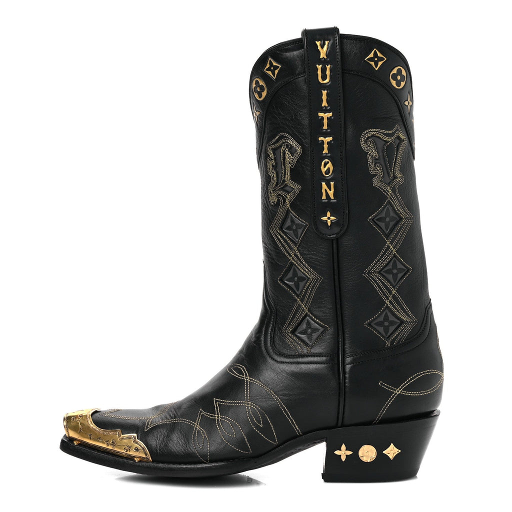 Calfskin LV Texan Mens Rider Boots 7.5 Black Gold