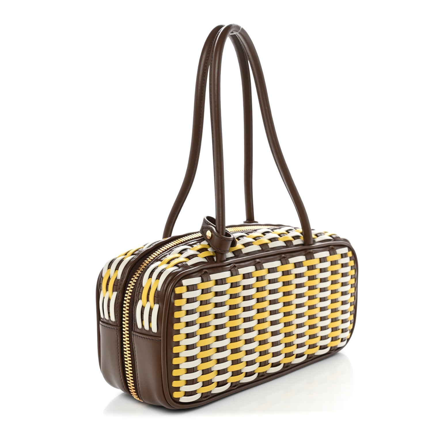 Woven Calfskin Small Beau Top Handle Bag Acero Sole Talco