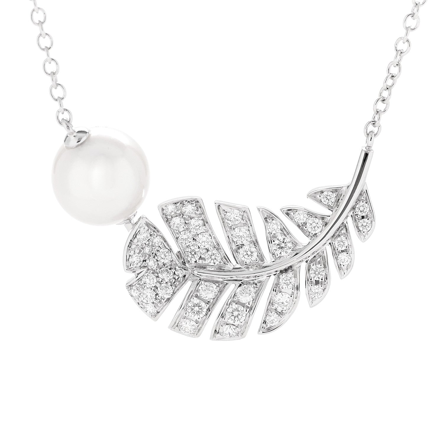 18K White Gold Diamond Cultured Pearl Plume De Chanel Necklace