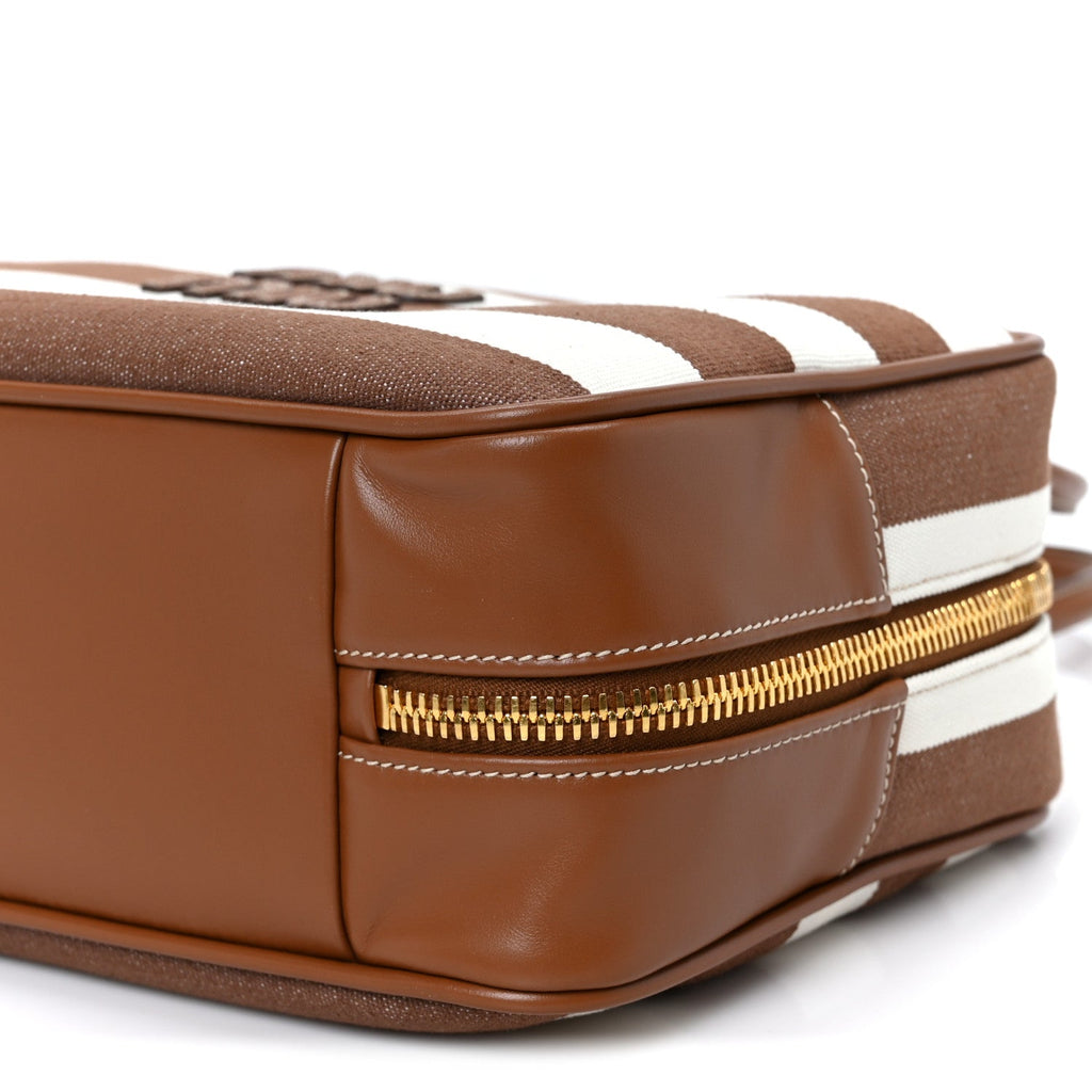Canvas Calfskin Striped Large Beau Top Handle Bag Naturale Brandy