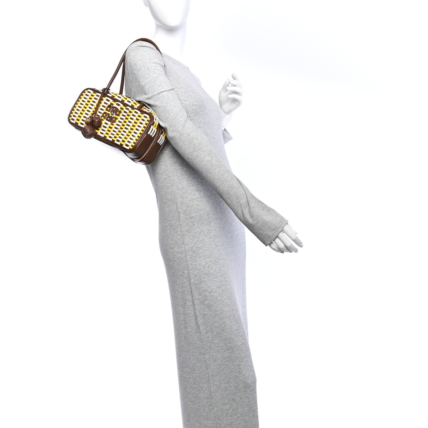 Woven Calfskin Small Beau Top Handle Bag Acero Sole Talco