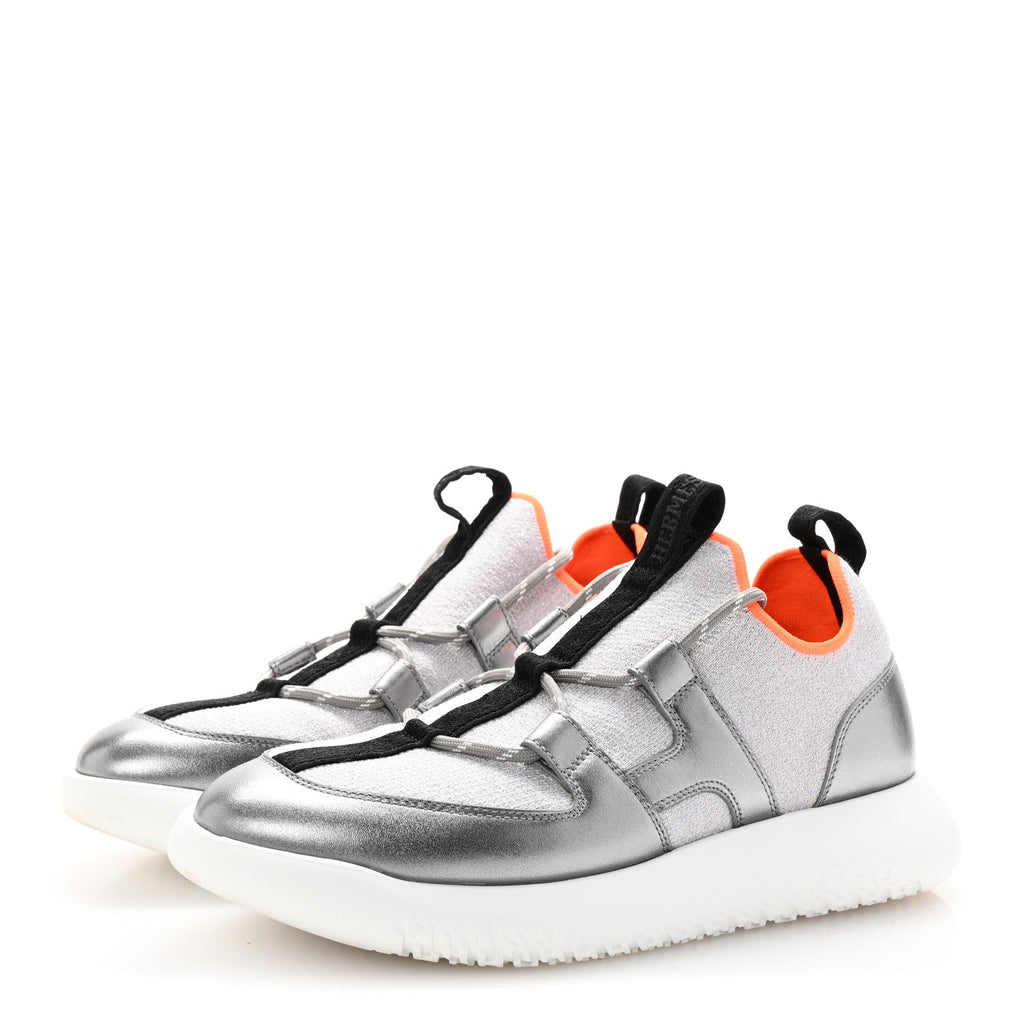 Knit Metallic Calfskin Womens Duel Sneakers 37.5 Argent Orange Black
