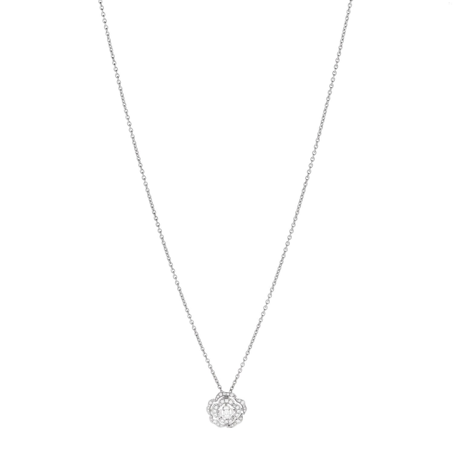 18K White Gold Diamond Bouton de Camelia Pendant Necklace