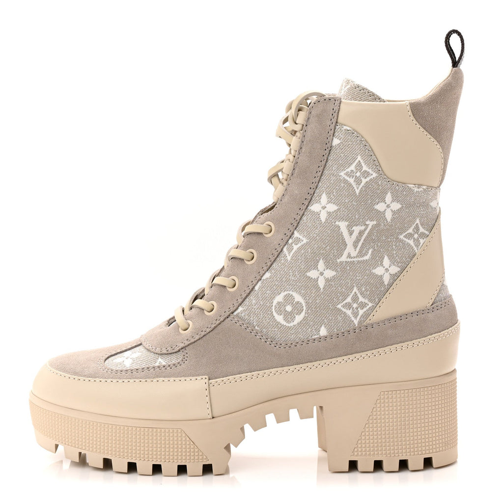 Suede Calfskin Monogram Denim Laureate Platform Desert Boots 38.5 Taupe