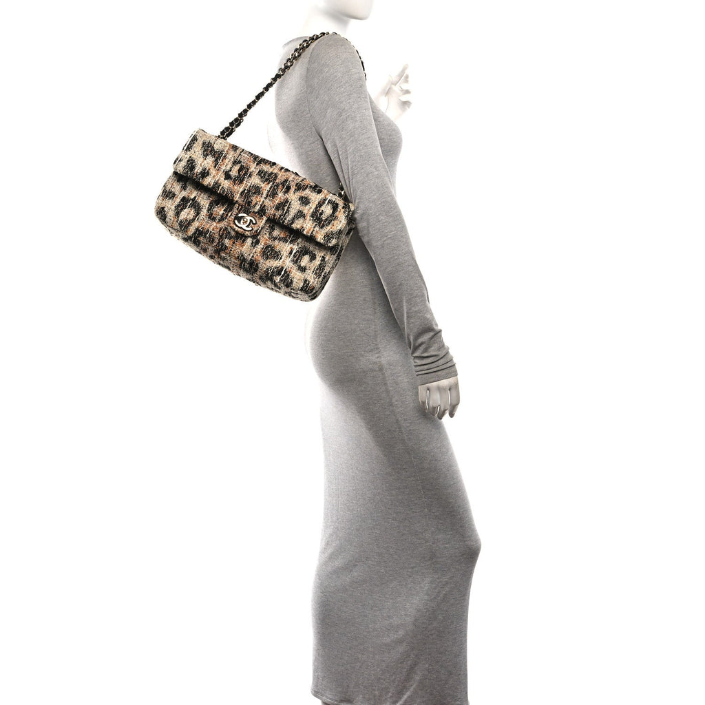 Tweed Mixed Fibers Leopard Print Small Souplissimo Maxi Flap Brown Black White