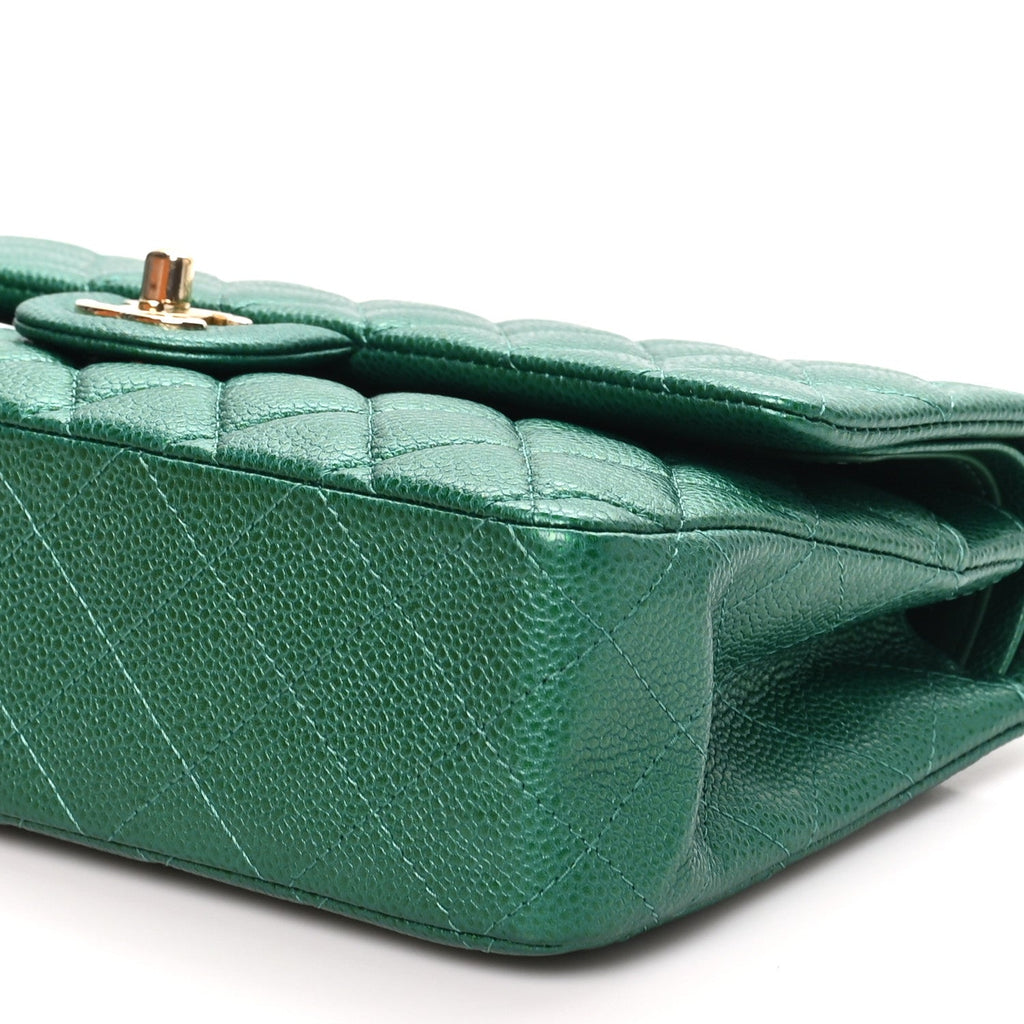 Metallic Caviar Quilted Medium Double Flap Green