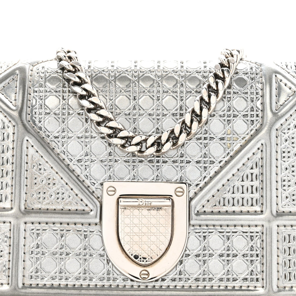 Metallic Patent Micro-Cannage Baby Diorama Flap Bag Silver
