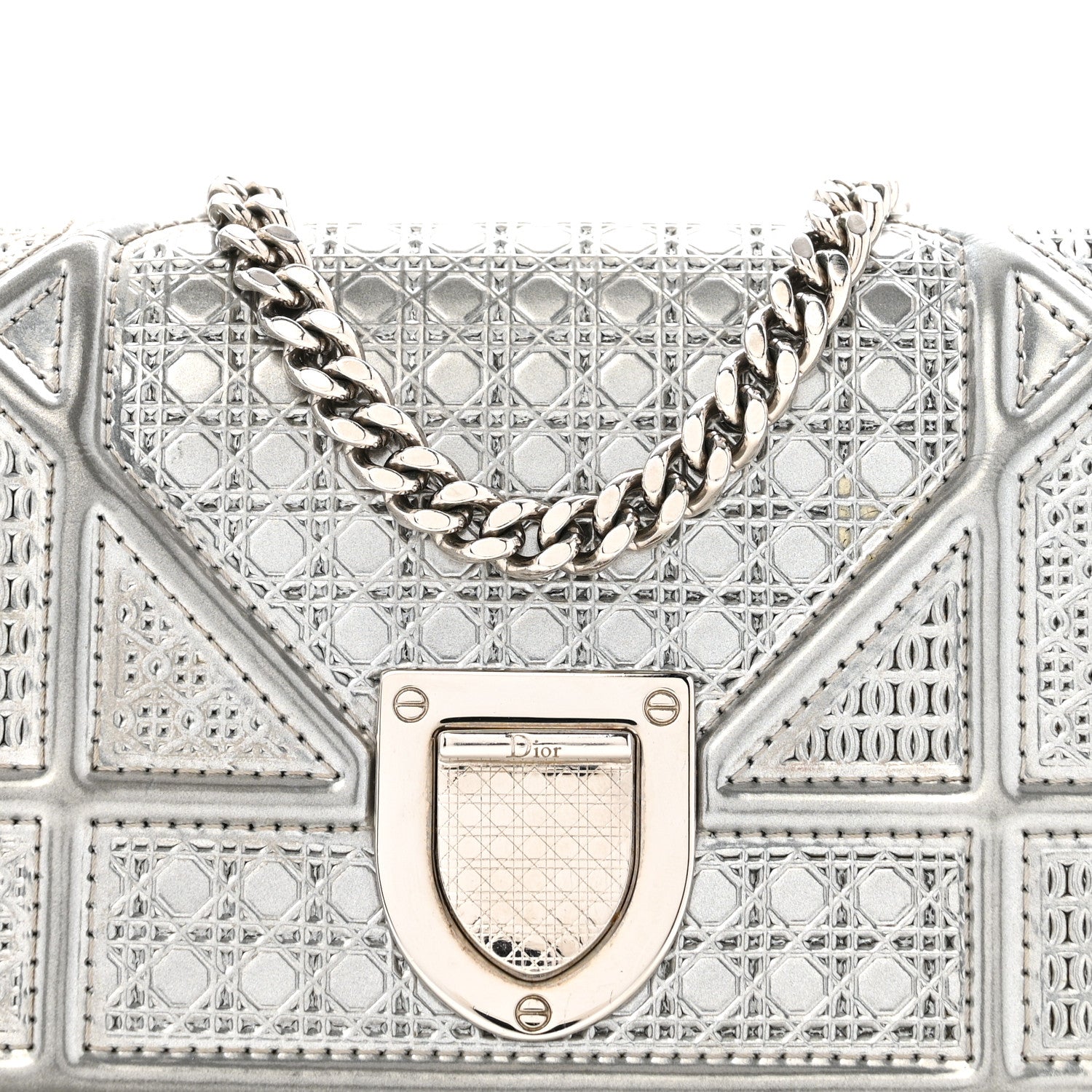 Metallic Patent Micro-Cannage Baby Diorama Flap Bag Silver