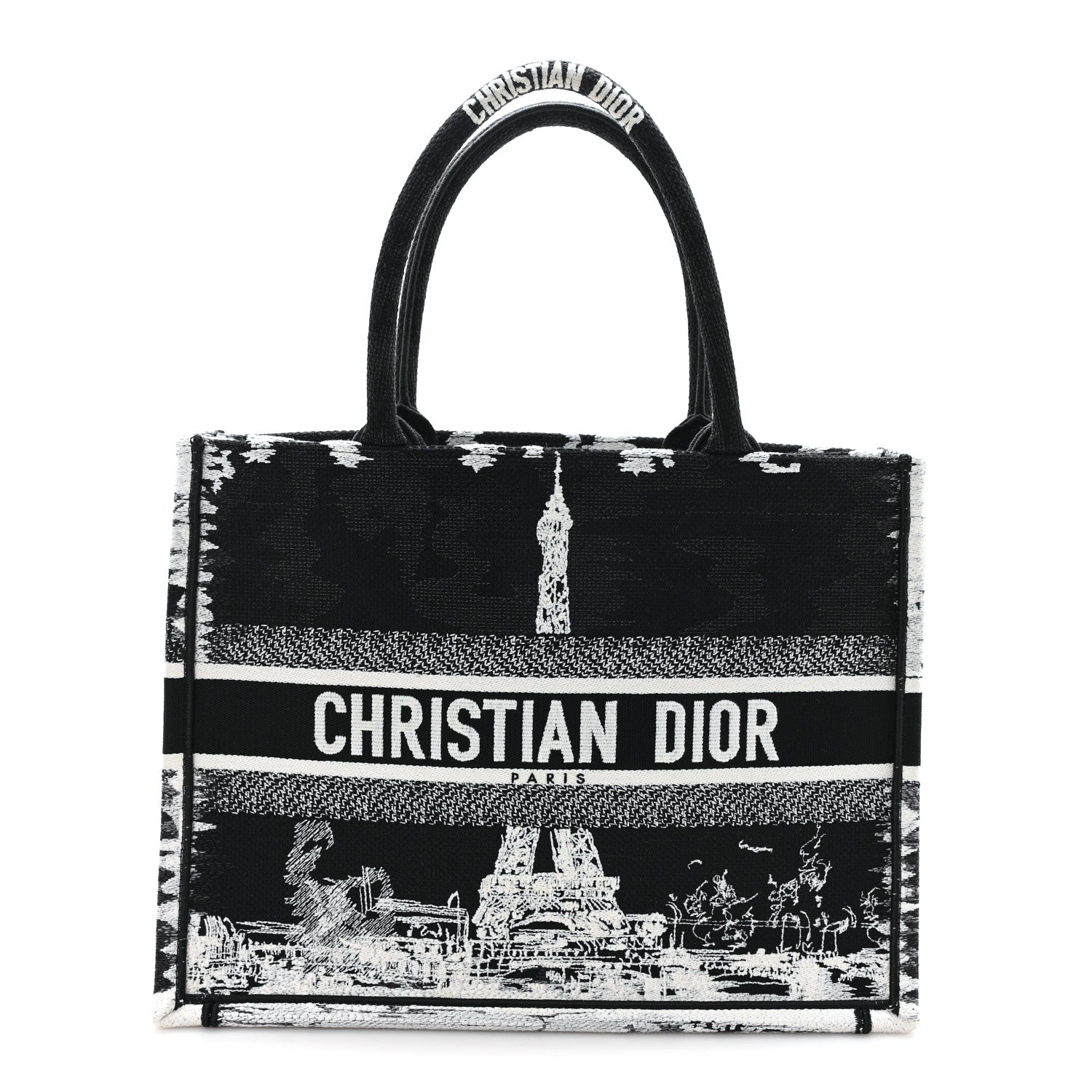 Canvas Embroidered Medium Paris Book Tote Black White