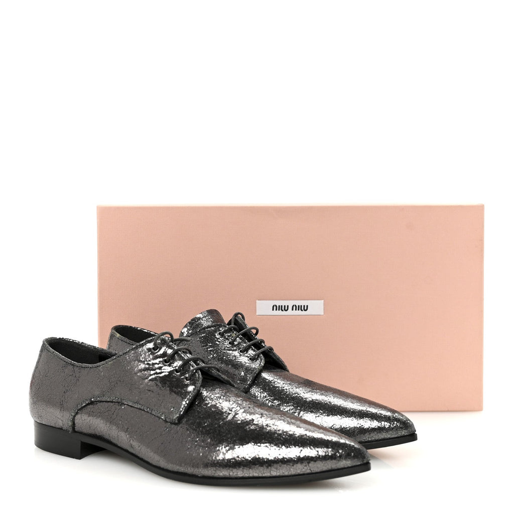 Metallic Crinkled Patent Lace Up Oxford Flats 37.5 Dark Silver