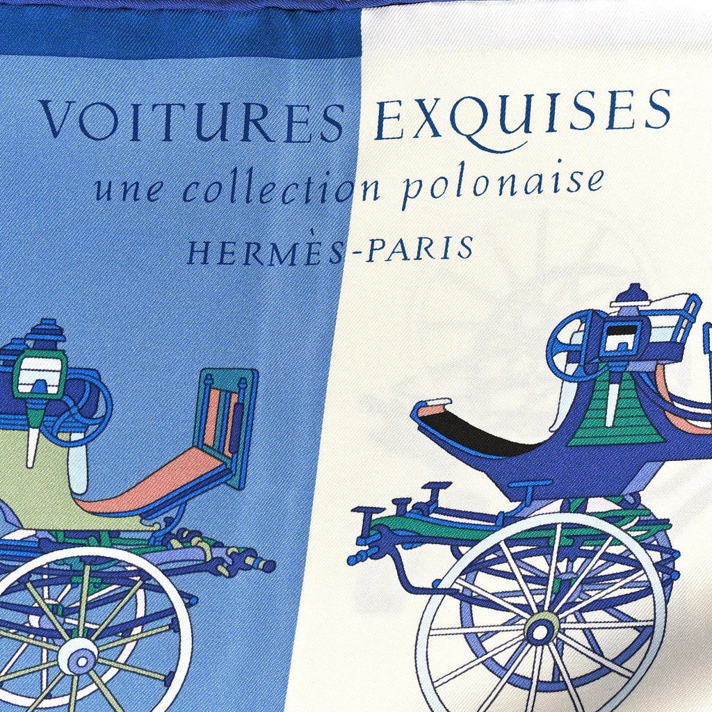 Silk Voitures Exquises Scarf 90 Bleu Jean Aqua White