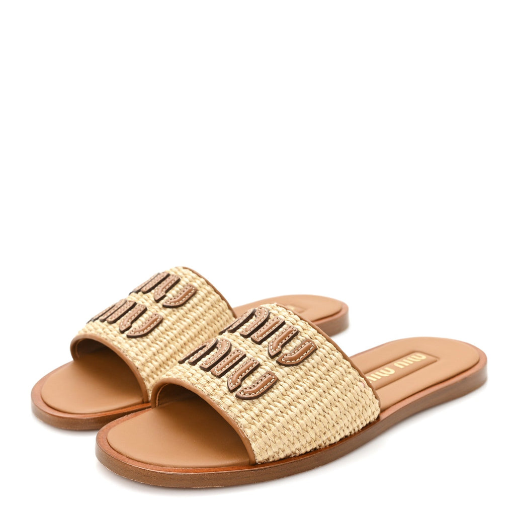 Stuoia Raffia Calfskin Logo Sandals 36 Naturale