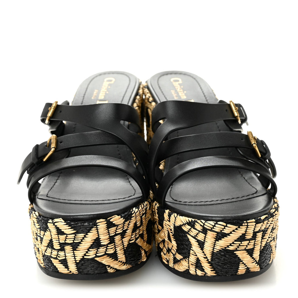 Raffia Calfskin L'Amazone Wedge Sandals 37 Black Natural