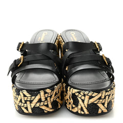 Raffia Calfskin L'Amazone Wedge Sandals 37 Black Natural